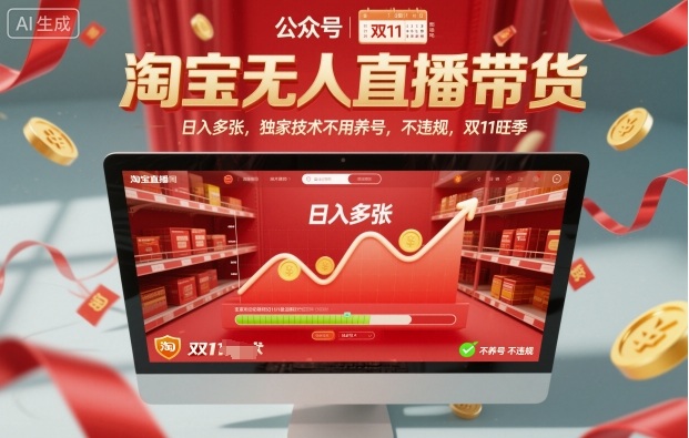 淘宝无人直播带货，日入多张，独家技术不用养号，不违规，双11旺季-韬哥副业项目资源网