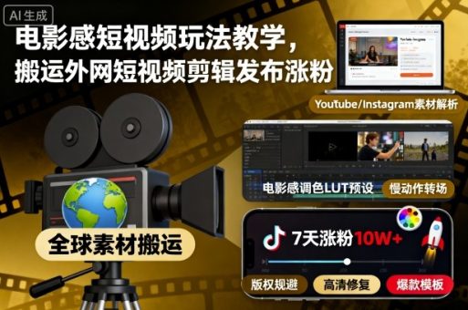 电影感短视频玩法教学，搬运外网短视频剪辑发布涨粉-韬哥副业项目资源网