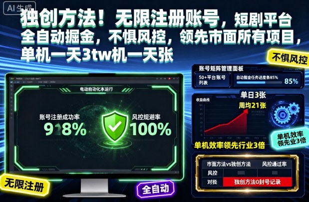 独创方法！无限注册账号，短剧平台全自动掘金，不惧风控，领先市面所有项目，单机一天3张【揭秘】-韬哥副业项目资源网