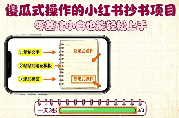 傻瓜式操作的小红书抄书项目，会复制粘贴就行，零基础小白也能一天3张-韬哥副业项目资源网
