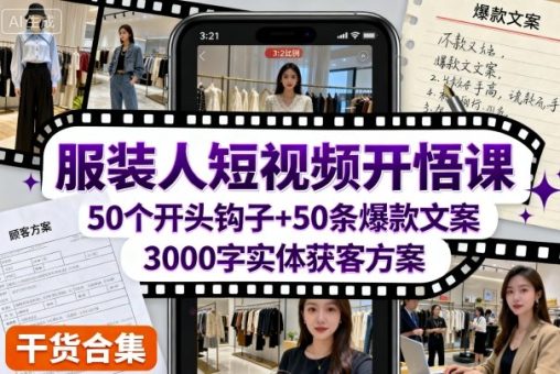 服装人短视频开悟课,50个短视频开头钩子+50条短视频爆款文案+3000字实体获客方案-韬哥副业项目资源网