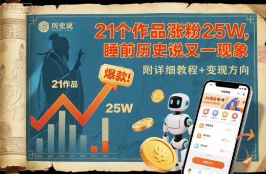 21个作品涨粉25W,睡前历史说又一现象级AI内容大爆款来啦,附详细教程+变现方向-韬哥副业项目资源网