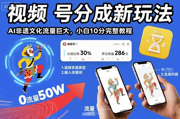 视频号分成新玩法，AI非遗文化流量巨大，小白10分钟搞定，完整教程-韬哥副业项目资源网