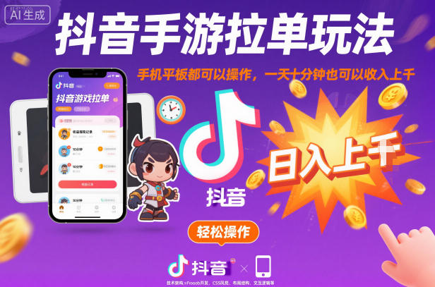 抖音手游拉单玩法，手机平板都可以操作，一天十分钟也可以收入上K【揭秘】-韬哥副业项目资源网