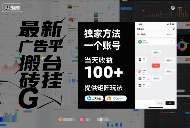最新广告平台搬砖挂G，独家方法，一个账号，当天收益100+，提供矩阵玩法【揭秘】-韬哥副业项目资源网