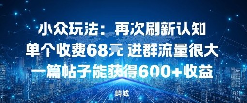 小众玩法：再次刷新认知单个收费68米进群流量很大一篇帖子能获得6张+收益-韬哥副业项目资源网