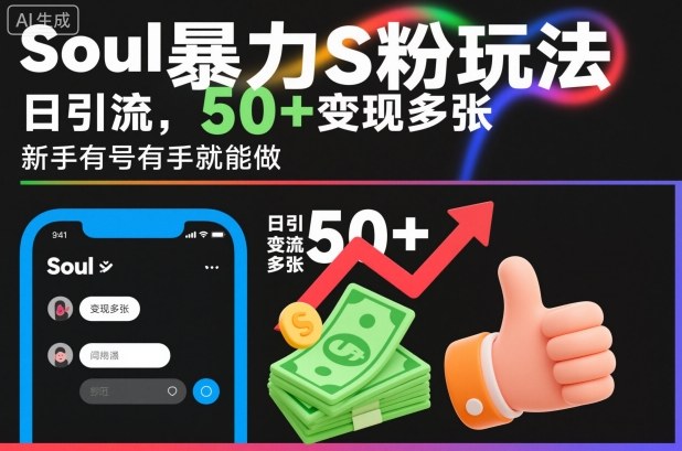 soul暴力S粉玩法，日引流50+变现多张，新手有号有手就能做-韬哥副业项目资源网