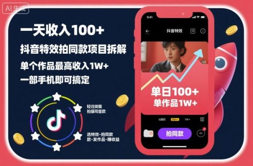 一天收入100+,抖音特效拍同款项目拆解,单个作品最高收入1W+,一部手机即可搞定-韬哥副业项目资源网