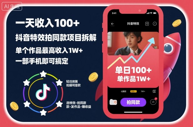 一天收入100+，抖音特效拍同款项目拆解，单个作品最高收入1W+，一部手机即可搞定-韬哥副业项目资源网