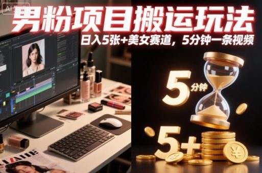 男粉项目搬运玩法，日入5张+美女赛道，5分钟一条视频-韬哥副业项目资源网