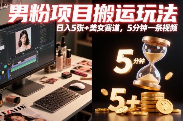 男粉项目搬运玩法，日入5张+美女赛道，5分钟一条视频-韬哥副业项目资源网