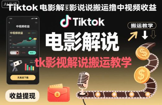 Tiktok电影解说搬运撸中视频收益,tk影视解说搬运教学-韬哥副业项目资源网