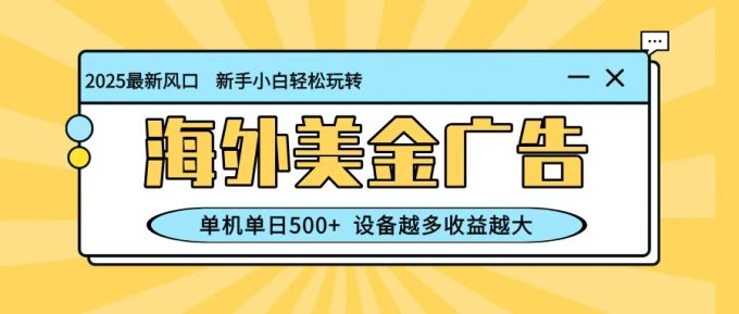 最新蓝海项目,海外美金广告,单机单日500+,可矩阵放大,设备越多收益越大-韬哥副业项目资源网