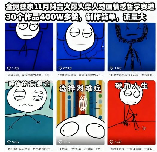 全网独家11月抖音火爆火柴人动画情感哲学赛道，30个作品400W多赞，制作简单，流量大【教学+素材】