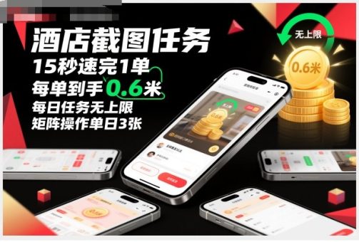 酒店截图任务，15秒速完1单，每单到手0.6米，每日任务无上限，全网首发玩法，矩阵操作单日3张【揭秘】-韬哥副业项目资源网