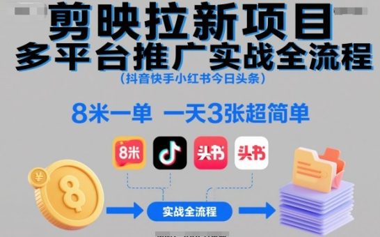 剪映拉新项目多平台推广实战全流程（抖音快手小红书今日头条），8米一单，一天3张超简单-韬哥副业项目资源网