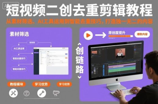短视频二创去重剪辑教程，从素材筛选、AI工具运用到智能去重技巧，打造独一无二的内容-韬哥副业项目资源网