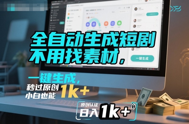 全自动生成短剧，不用找素材，不用剪辑，一键生成，秒过原创，小白也能轻松日入1k+【揭秘】-韬哥副业项目资源网