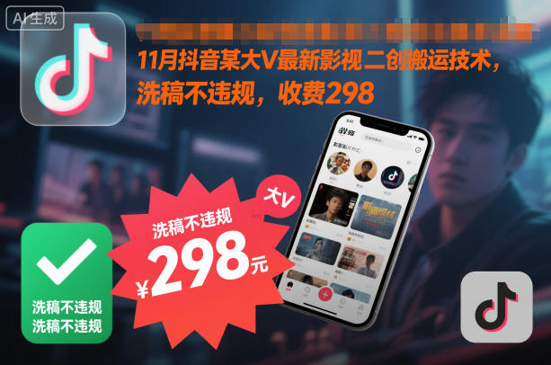 11月抖音某大V最新影视二创搬运技术，洗稿不违规，收费298-韬哥副业项目资源网