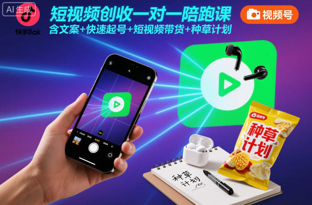 短视频创收一对一陪跑课，含文案+快速起号+短视频带货+种草计划-韬哥副业项目资源网
