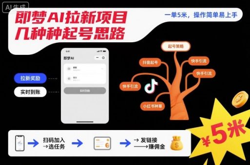 即梦AI拉新项目几种起号思路，一单5米，操作简单易上手-韬哥副业项目资源网