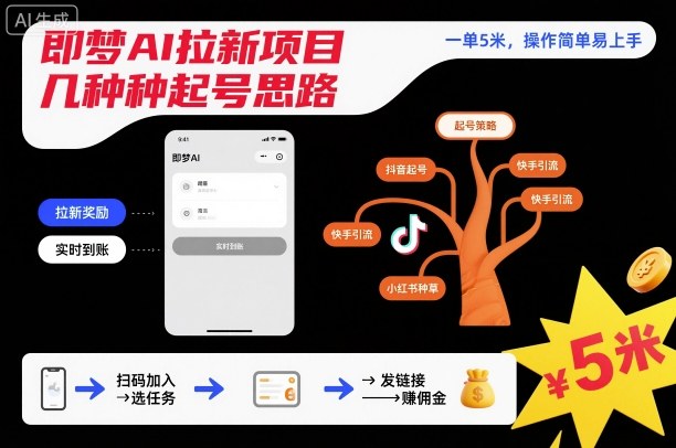 即梦AI拉新项目几种起号思路，一单5米，操作简单易上手-韬哥副业项目资源网