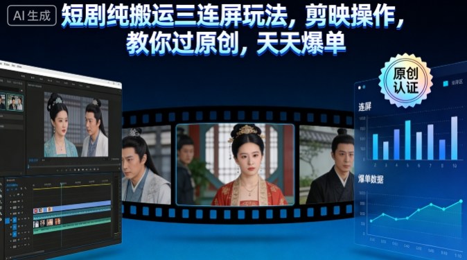 短剧纯搬运三连屏玩法,剪映操作,教你过原创,天天爆单-韬哥副业项目资源网