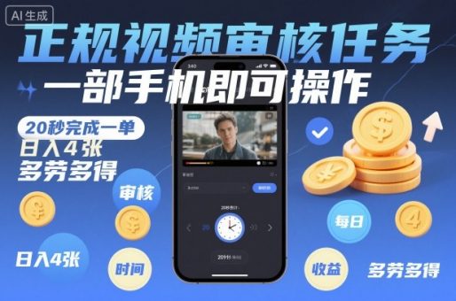 正规视频审核任务，一部手机即可操作，20秒完成一单，日入4张，多劳多得【揭秘】-韬哥副业项目资源网