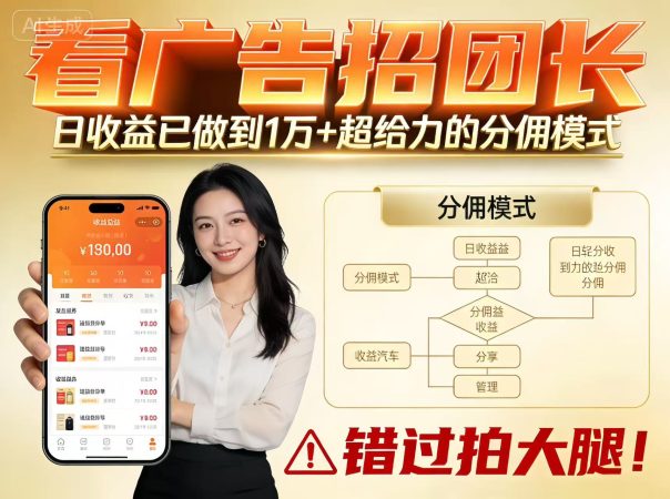 看广告招团长,团队收益已做到日入1万,分佣模式超给力,错过拍大腿-韬哥副业项目资源网