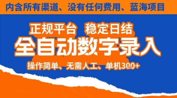 全自动数字录入，单机日入3张+，内含所有渠道全程免费零成本，操作简单可矩阵开干【揭秘】-韬哥副业项目资源网