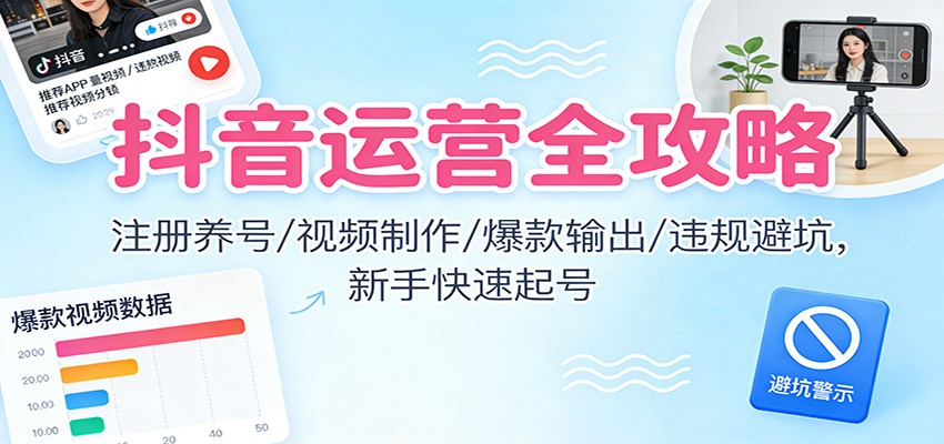 抖音运营全攻略：注册养号/视频制作/爆款输出/违规避坑，新手快速起号-韬哥副业项目资源网