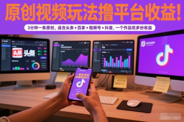原创视频玩法撸平台收益，3分钟一条原创，适合头条+百家+视频号+抖音，一个作品吃多份收益-韬哥副业项目资源网
