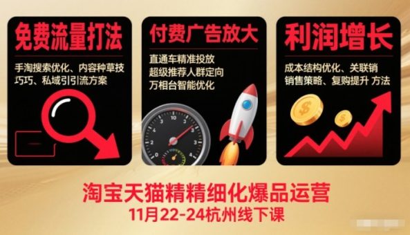 淘宝天猫精细化爆品运营11月22-24杭州线下课,免费流量打法+付费广告放大+利润增长(音频+文档)-韬哥副业项目资源网