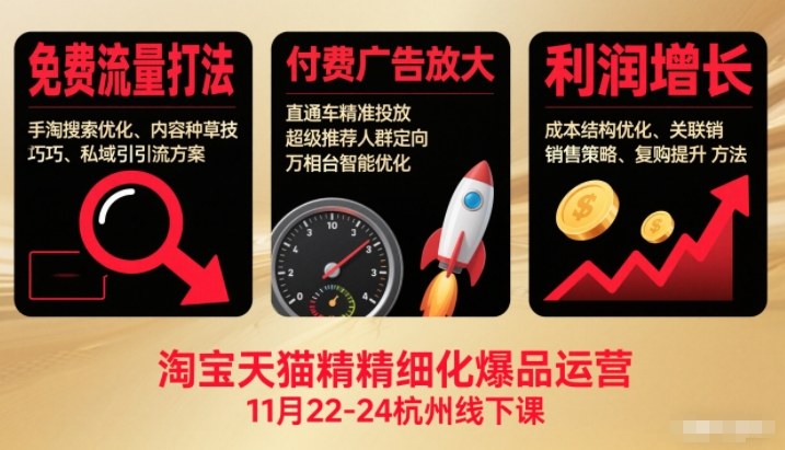 淘宝天猫精细化爆品运营11月22-24杭州线下课，免费流量打法+付费广告放大+利润增长（音频+文档）-韬哥副业项目资源网