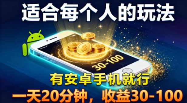 适合每个人的玩法，有安卓手机就行，一天20分钟，收益30-100-韬哥副业项目资源网