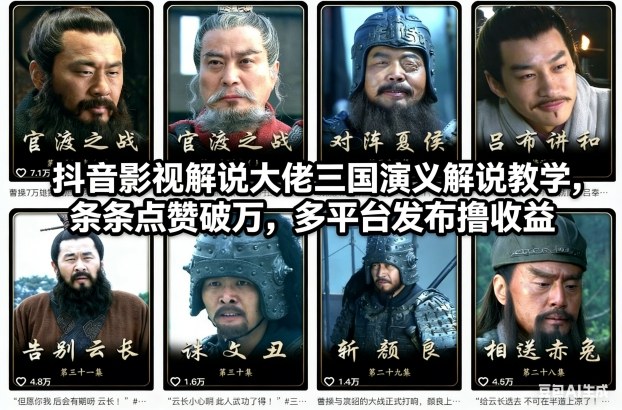 抖音影视解说大佬三国演义解说教学,条条点赞破万,多平台发布撸收益-韬哥副业项目资源网