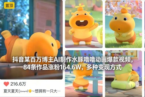 抖音某百万博主AI制作水豚噜噜动画爆款视频,84条作品涨粉164.6W,多种变现方式-韬哥副业项目资源网
