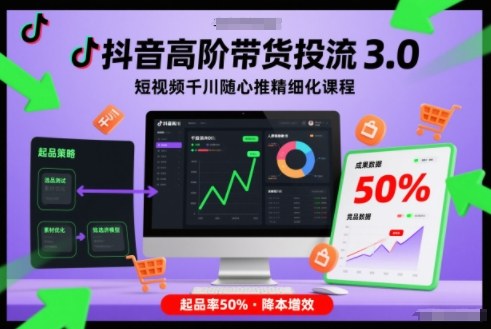 抖音高阶带货投流3.0，短视频千川随心推精细化课程，起品率50%-韬哥副业项目资源网