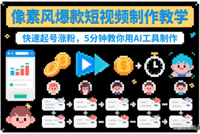像素风爆款短视频制作教学，快速起号涨粉，5分钟教你用AI工具制作-韬哥副业项目资源网