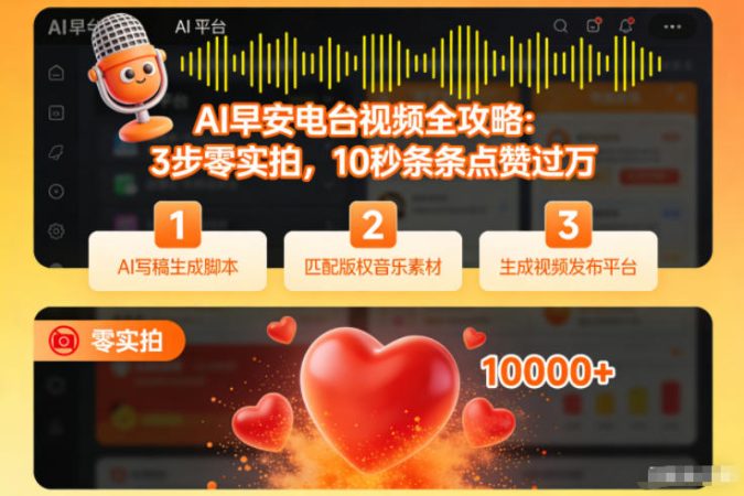 AI早安电台视频全攻略：3步零实拍，10秒条条点赞过万-韬哥副业项目资源网