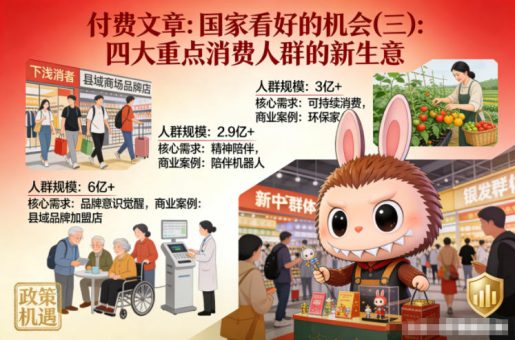 付费文章：国家看好的机会(三)：四大重点消 费人群的新生意 付费文章：国家看好的机会(二)：六大新消费及其新增量 付费文章：国家看好的机会(一):未来最有前景的13个消费赛道-韬哥副业项目资源网