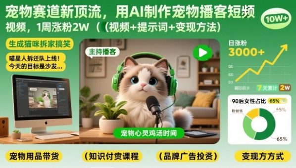 宠物赛道新顶流,用AI制作宠物播客短视频,1周涨粉2W(视频+提示词+变现方法)-韬哥副业项目资源网