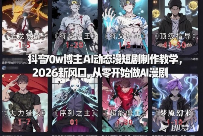 抖音70w博主AI动态漫短剧制作教学，2026新风口，从零开始做AI漫剧，普通人也能月入过W-韬哥副业项目资源网