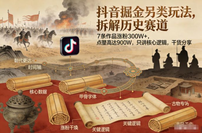 抖音掘金另类玩法,拆解历史赛道,7条作品涨粉300W+,点赞量高达900W,只讲核心逻辑,干货分享-韬哥副业项目资源网