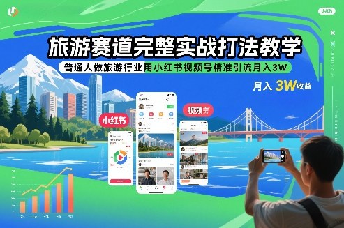 旅游赛道完整实战打法教学，普通人做旅游行业用小红书视频号精准引流月入3W-韬哥副业项目资源网