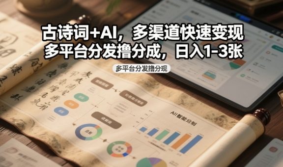 古诗词+AI，多渠道快速变现，多平台分发撸分成，日入1-3张-韬哥副业项目资源网