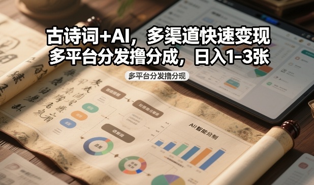 古诗词+AI，多渠道快速变现，多平台分发撸分成，日入1-3张-韬哥副业项目资源网