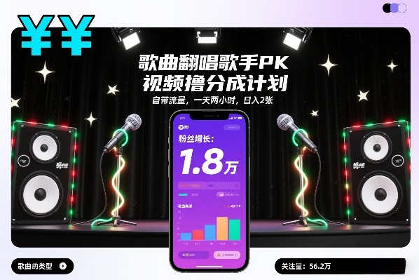 歌曲翻唱歌手PK视频撸分成计划，自带流量，一天两小时，日入2张-韬哥副业项目资源网