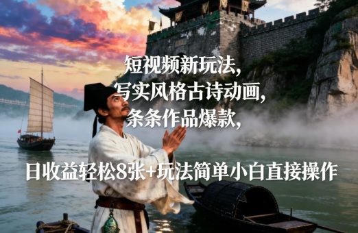 短视频新玩法，写实风格古诗动画，条条作品爆款，日收益轻松8张+玩法简单小白直接操作-韬哥副业项目资源网