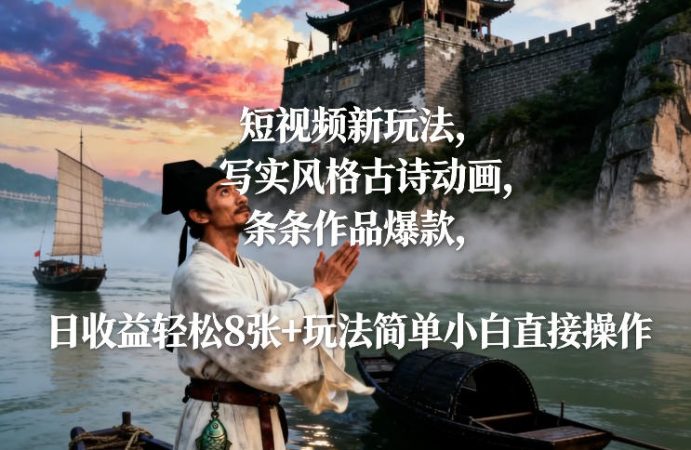 短视频新玩法，写实风格古诗动画，条条作品爆款，日收益轻松8张+玩法简单小白直接操作-韬哥副业项目资源网